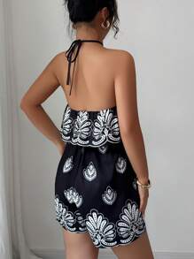 Elenzga Women's Floral Print Ruffle Trim Halter Neck Casual Romper - Black - View 2