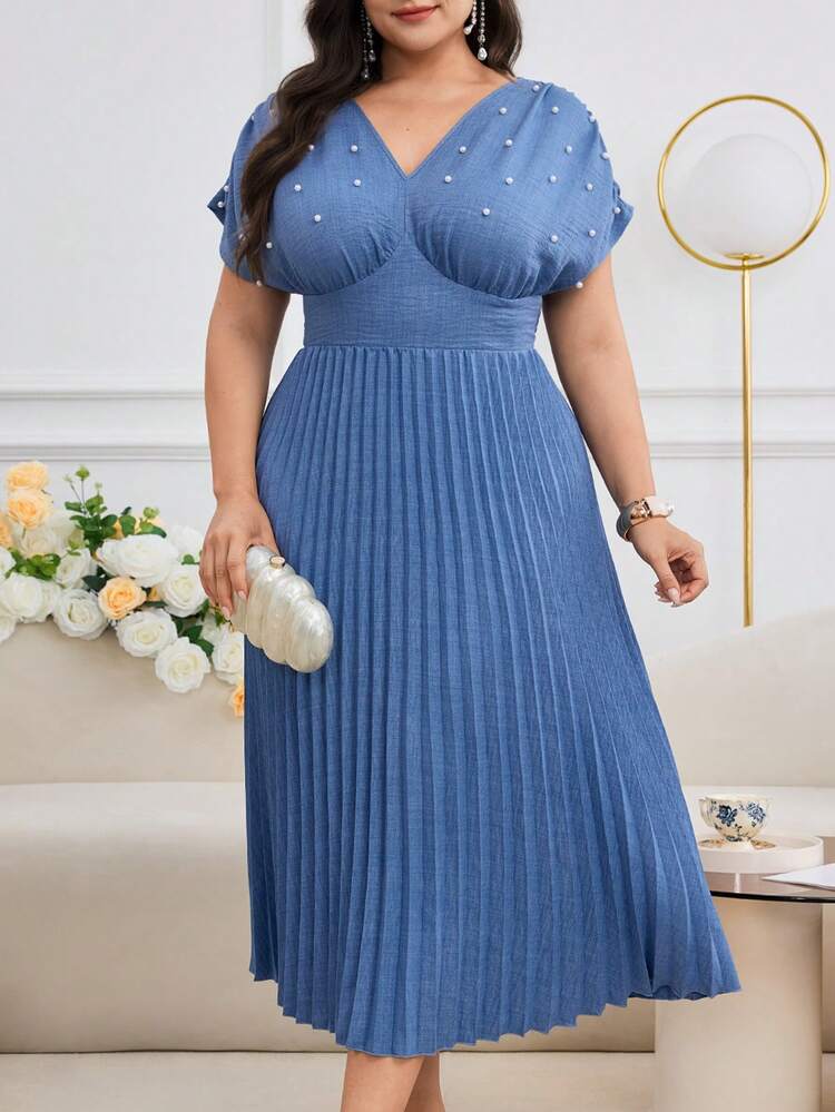 Modelyn Plus Size Women Pearl Decor Short Sleeve Arabic Style Dress - Blue - View 4