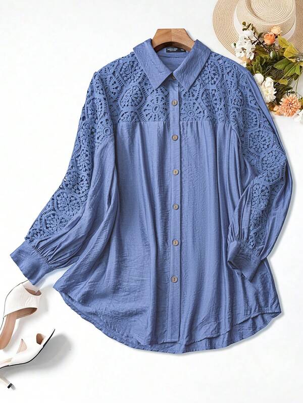 Al Najma Plus Size Women's Solid Color Lace Splice Arabic Style Top