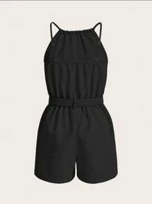 EMERY ROSE Women's Fashion Solid Color Open Shoulder Jumpsuit With Cinched Waist - Black - View 2