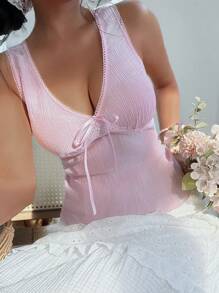 Jouncy 女士休闲纯色蕾丝边无袖粉色背心，夏季，生日礼物 - 粉色 - 查看 3