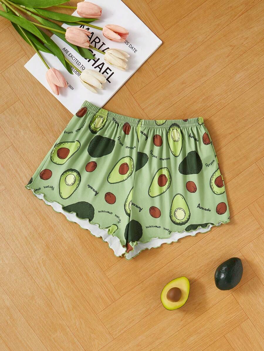 SHEIN 牛油果印花荷叶边休闲短裤，1件 - 綠色 - 查看 1