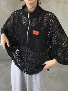 FRIFUL Áo ren nửa miếng in chữ rộng rãi cho nữ - màu đen - Xem 4