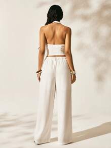 Easelle Pantalon droit à fente à l'ourlet en V pour femmes, parfait pour les vacances et les moments romantiques - Blanc - Voir 4