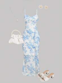 SHEIN 青少年女孩休闲假日优雅弹力网眼碎花荷叶边下摆开衩长款无袖修身连衣裙，适合外出、派对、聚会、婚礼等各种场合 - 藍色 - 查看 3