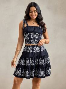 SHEIN LUNE 2pcs Women's American Western Rural Bohemian Print Set,Summer Boho Vacation Holiday Black And White Outfits 2 Pieces Sets Navy Blue Skirt Dress - Black and White - View 2