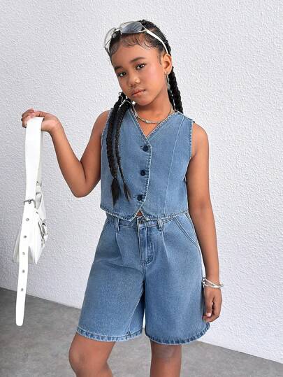 Tween Girls' Summer Casual V Neck Denim Vest & Low Wasit Baggy Wide Leg Denim Long Shorts Bermuda Shorts 2 Pieces Set, Simple And Fashionable For Everyday Wear,Girls Summer Beach Boho Vacation Shorts, Summer Concert Festival Casual Rave Outfits, Girls Summer Brunch Church Graduation Outfits,Back To School