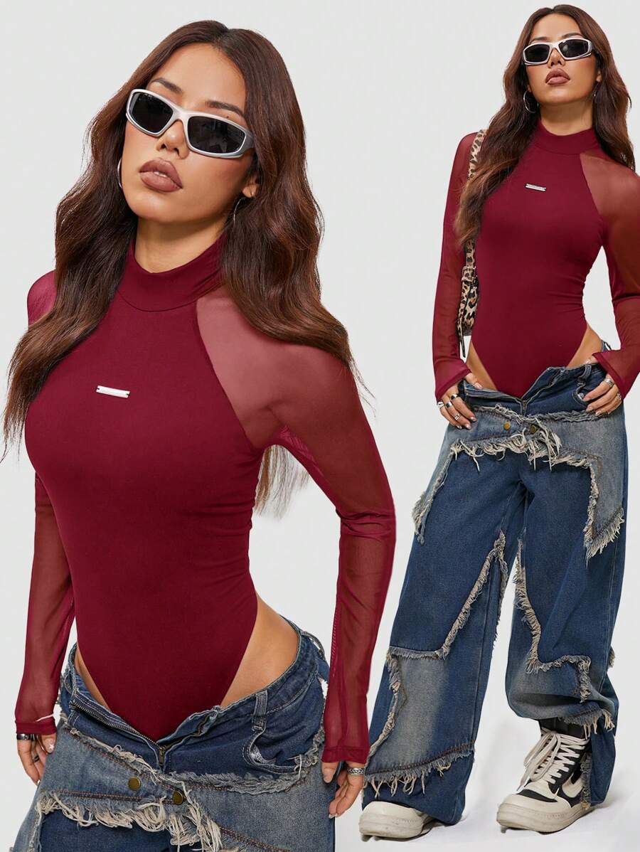 Coolane Women's Spring/Summer Music Festival Party Breathable Mesh Stretchy Bodysuit Bodysuits,Valentine's Day - Burgundy - View 1