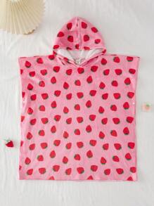 SHEIN Girls' Casual Cute Strawberry Print Hooded Flannel Robe/Bathrobe Fall Winter - Pink - View 3