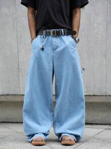 Manfinity EMRG 大码男士口袋宽松阔腿休闲牛仔背带裤 - 中等水洗藍 - 查看 3