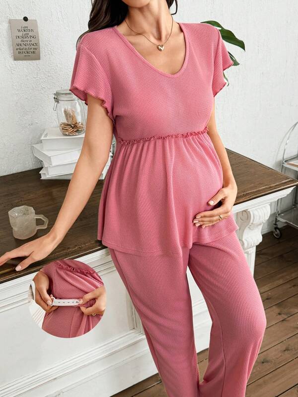 SHEIN Solid Color V-Neck Waffle Knit Maternity Lounge Wear Set With Waist Cinching Design