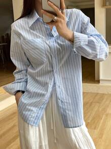 DAZY 休闲条纹宽松女式通勤衬衫 - 藍色 - 查看 4