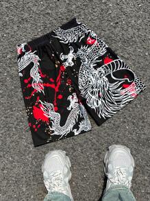 青少年男孩休闲舒适百搭短裤，带有龙印花图案，适合通勤、上学、日常休闲、户外活动、运动、街头时尚