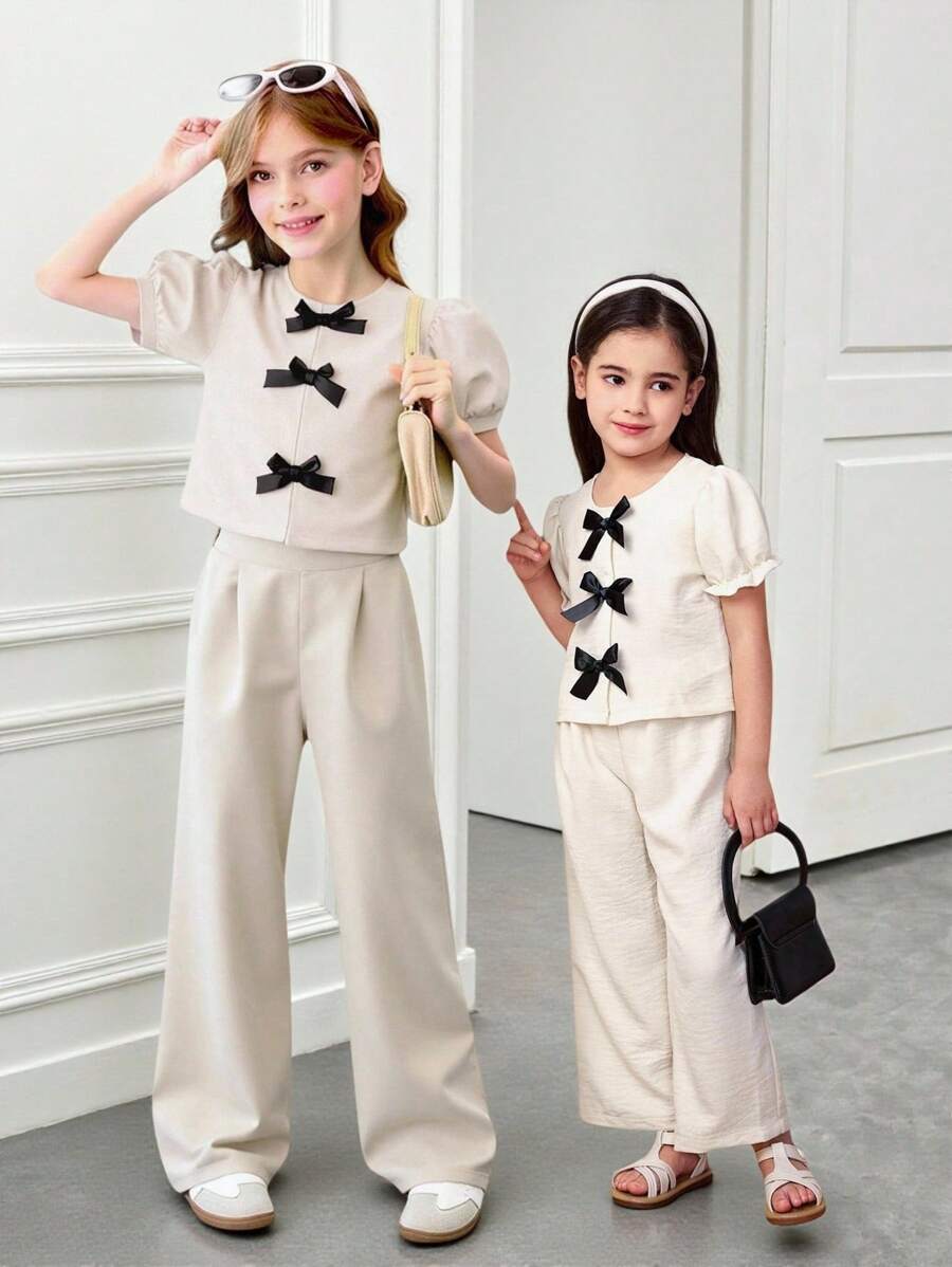 少女圆领泡泡袖蝴蝶结装饰优雅T恤和裤子两件套 - 米色 - 查看 1