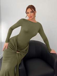 Aloruh Autumn/Winter New Meraid Women Long Dress - Army Green - View 3