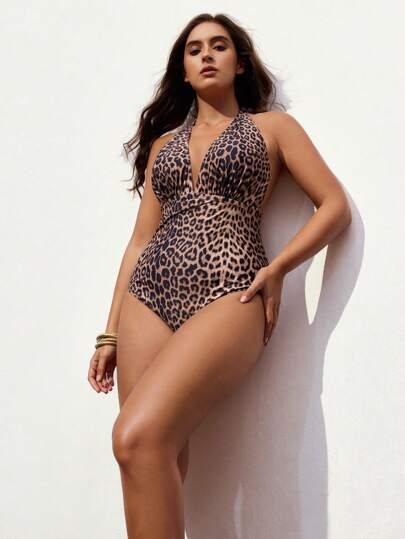 Maija Plus Size Leopard Print One-Piece Swimsuit, Fashionable For Summer Women Plus Clothing Business Casual Bathing Suits For Women