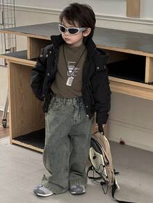 DAZY 幼儿男童休闲纯色连帽长袖棉衣，冬季 - 黑色 - 查看 3