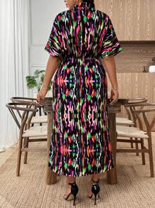 SHEIN Clasi 大码女式全身印花V领蝙蝠袖鱼尾下摆连衣裙 - 黑色 - 查看 2