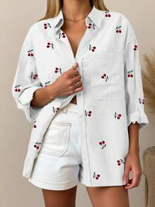 INAWLY Áo thun nữ in họa tiết quả anh đào đi nghỉ thường ngày - trắng - Xem 6