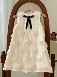 SHEIN Little Byeori Young Girl Loose Casual Bowknot Decor 3D Floral Fabric Dress - White - View 2