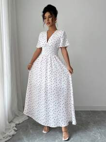 Elenzga Vestido largo con cordón, escote profundo y plisado, con estampado de corazones, para mujer de verano - Blanco - Ver 4