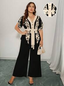 Rometta Bộ 2 món áo thun cổ chữ V thắt nơ eo đi nghỉ mát thường ngày và quần short, mùa hè - màu đen - Xem 7