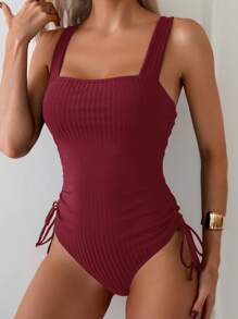 Swim Basics 女士纯色侧抽绳无袖连体泳衣，度假风格 - 酒紅色 - 查看 4