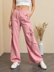 Chiquease Women's Casual Daily Solid Color Elastic Waist Pocket Pants Fall Cloth For Women - Pink - View 1