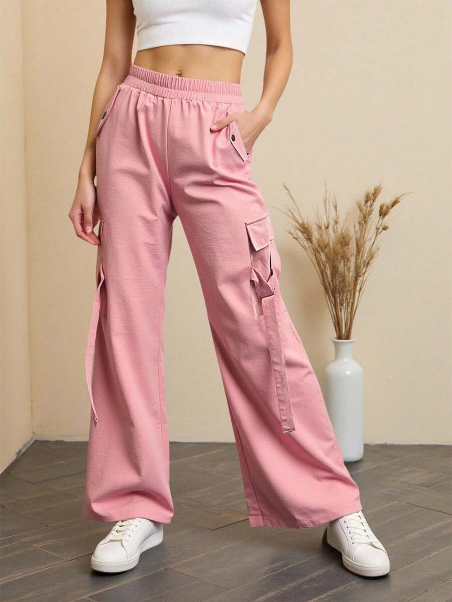 Chiquease Women's Casual Daily Solid Color Elastic Waist Pocket Pants Fall Cloth For Women - Pink - View 1