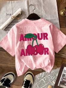 SHEIN Unity Camiseta casual de manga corta con cuello redondo y estampado de letras y cerezas para mujeres de talla grande