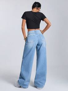 EURMUSE Blugi largi cu talie joasă pentru femei - Spălare medie - Vizualizare 2