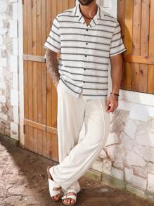 Manfinity Homme Plus Size Men's Casual Striped Short Sleeve Shirt, Summer - Multicolor - View 4