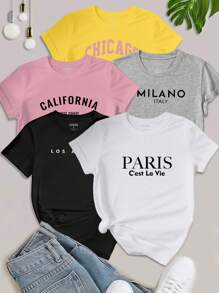 Chiquease 5 件女式口号字母印花 T 恤短袖休闲上衣图案 T 恤女式上衣 - 彩色 - 查看 1