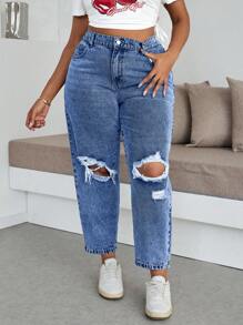 Slaydiva Plus Size Women Pockets Ripped Cone Leg Casual Jeans, Versatile - Dark Wash - View 3