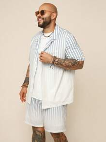 EASEVO 加大码男士渐变条纹梭织宽松短袖衬衫套装