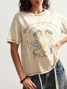 Bohemela 波西米亚风度假休闲美人鱼图案针织不对称领口女式 T 恤 - 杏色 - 查看 7