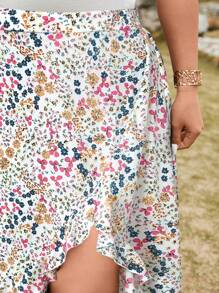 SHEIN LUNE Váy suông họa tiết hoa nhún bèo cỡ lớn cho nữ, đi nghỉ hè - trắng - Xem 3