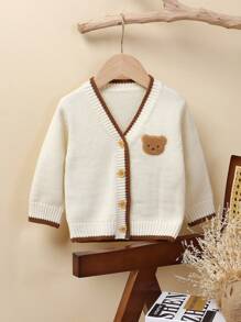 SHEIN Cream Embroidered Bear Design Open Front Long Sleeve Cardigan, Casual Minimalist Stylish Top For Toddlers Baby Boy Cardigan Baby Sweater Cardigan Baby Boy Sweater Baby Cardigan Sweater Baby Boy Knit Cardigan Baby Boys Long Sleeve Beige Knit Cardigan With Adorable Bear Patch And Collar Cute Beige Knitwear Baby Cardigan With Cartoon Patch And Collar For Boys Cute And Cozy Regular Fit Beige Knit Cardigan With Stylish Collar And Cartoon Accen Baby Boy Bear Cardigan Baby Boy Cardigan Fall Winter
