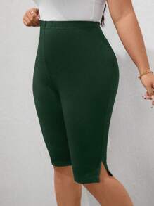 SHEIN PETITE Plus Size Solid Color Split Hem Leggings - Dark Green - View 3