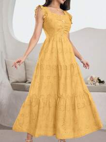 Modelyn Vestido con cuello cuadrado sin mangas, con adorno de volantes, botones de perla y bordado azul - Amarillo - Ver 7