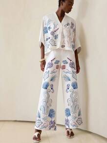 Aveloria Modichic Women White Autumn Tropical Tea Party Vacation Holiday Elegant Shell & Seaweed Floral V-Neck Oversized Drop Shoulder Wide Leg Pants 2 Pieces Set - Multicolor - View 3