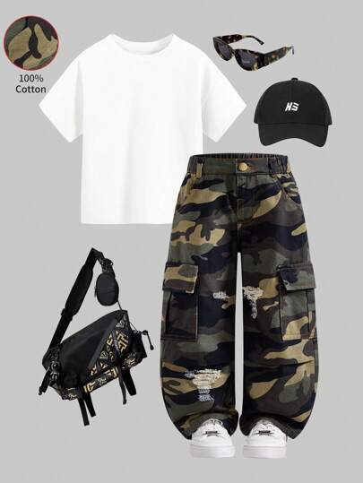 YOUNG BOYS Casual Distressed Side Pockets Relaxed Fit Denim Jeans, Camouflage Workwear Streetwear Style, Suitable For All Seasons Camo Cargo Pants Chic Outfits For Autumn/Winter Fall