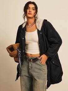 SHEIN LUNE Plus Size Waisted Hooded Jacket, For Winter Fall Autumn - Black - View 4