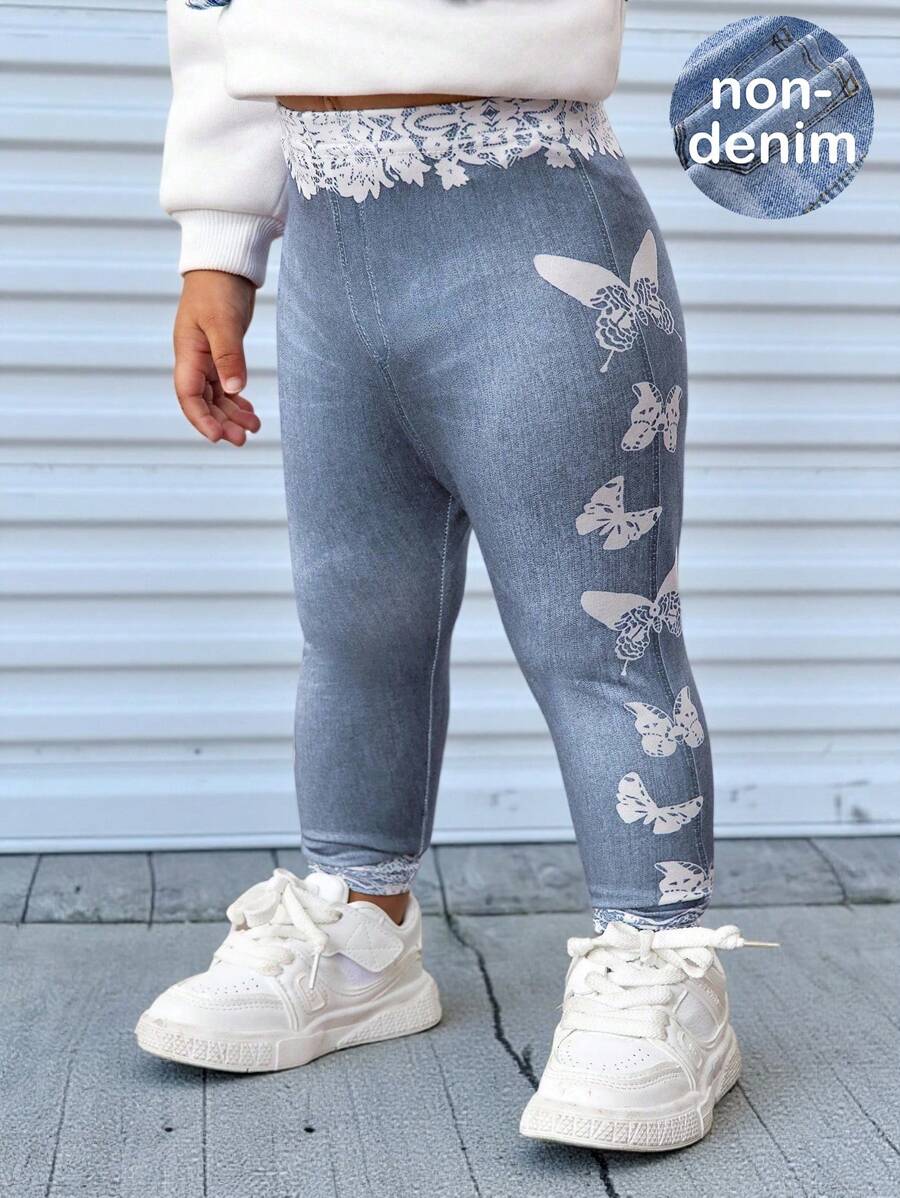 Baby Girls Butterfly Pattern Leggings, Suitable For Outings, Gatherings, Parties And Other Occasions - Baby Blue - View 1