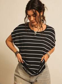 Freevana Áo thun cổ tròn tay ngắn họa tiết sọc cầu vồng Boho cỡ lớn, thường ngày khi đi nghỉ, dành cho mùa hè - Đen và trắng - Xem 6