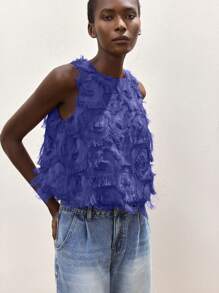 Maija Embroidered Purple Fabric Crew Neck Ruched Hem Feather Decor Casual Bohemian Style Loose Tank Top For Women, Comfortable Spring/Summer Beach Holiday Shoulder Showing Blouse Fringe Top Feather Top Ruffled Top Royal Blue Top Blue Fringe Top