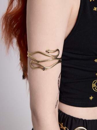 Fairycore 1pc Punk Gold Snake Armband, Hollow Double Head Snake Rhinestone Decorated Bracelet, Exaggerated Open Cuff Bangle