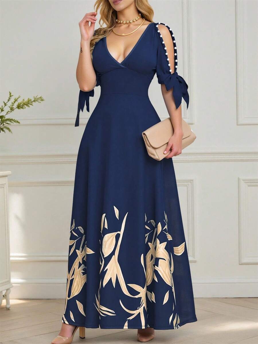 INAWLY 女士长裙 V 领仿珍珠装饰，简约时尚休闲日常 - 寶藍色 - 查看 1