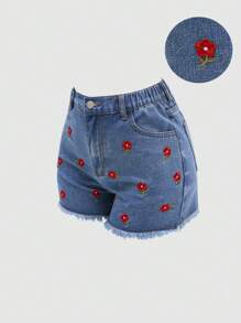 Teens Girls Blue Denim Shorts,Cute Summer Floral Embroidery Mid-Waist Loose Straight Leg Streetwear,Back-To-School Sweet 16 Y2K Vintage Ripped Jeans - Medium Wash - View 1