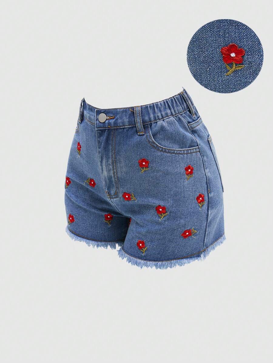 Teens Girls Blue Denim Shorts,Cute Summer Floral Embroidery Mid-Waist Loose Straight Leg Streetwear,Back-To-School Sweet 16 Y2K Vintage Ripped Jeans - Medium Wash - View 1